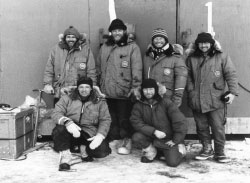 1973 Weddell seal researchers outside hut on the sea ice of McMurdo Sound